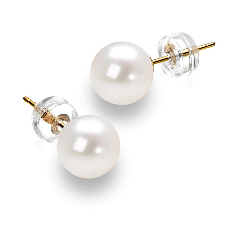 JORA Big 10mm Pearl Earrings 14K Gold White Freshwater Cultured Pearl Stud Earrings for Women - AAAA Quality (yellow-gold, 10mm) - Image 1